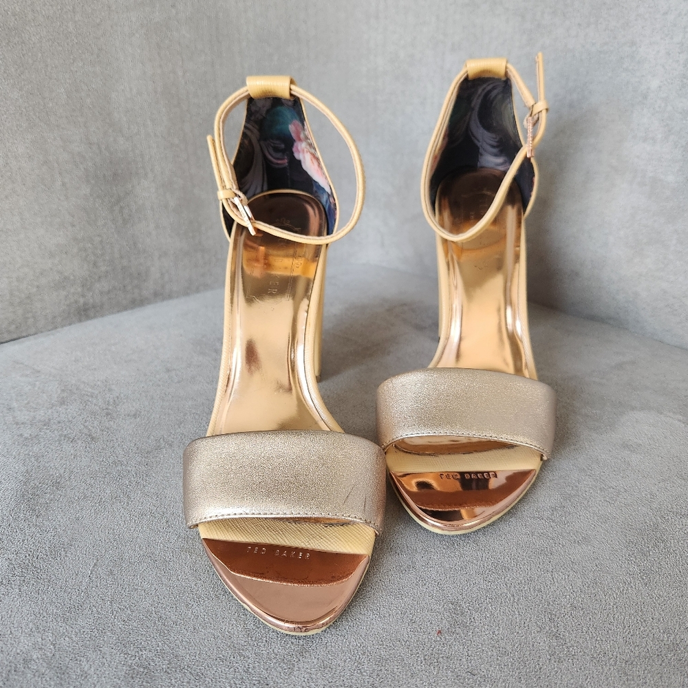Ted Baker Heeled Sandals 7 Buttery Yellow Leather Gold Strappy Logo Pastel Rose